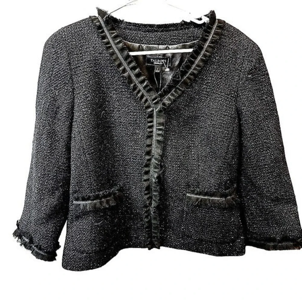 Black Tweed Ruffle Trim‎ Jacket Office Career Evening Wool Blend Sz 8 NWT